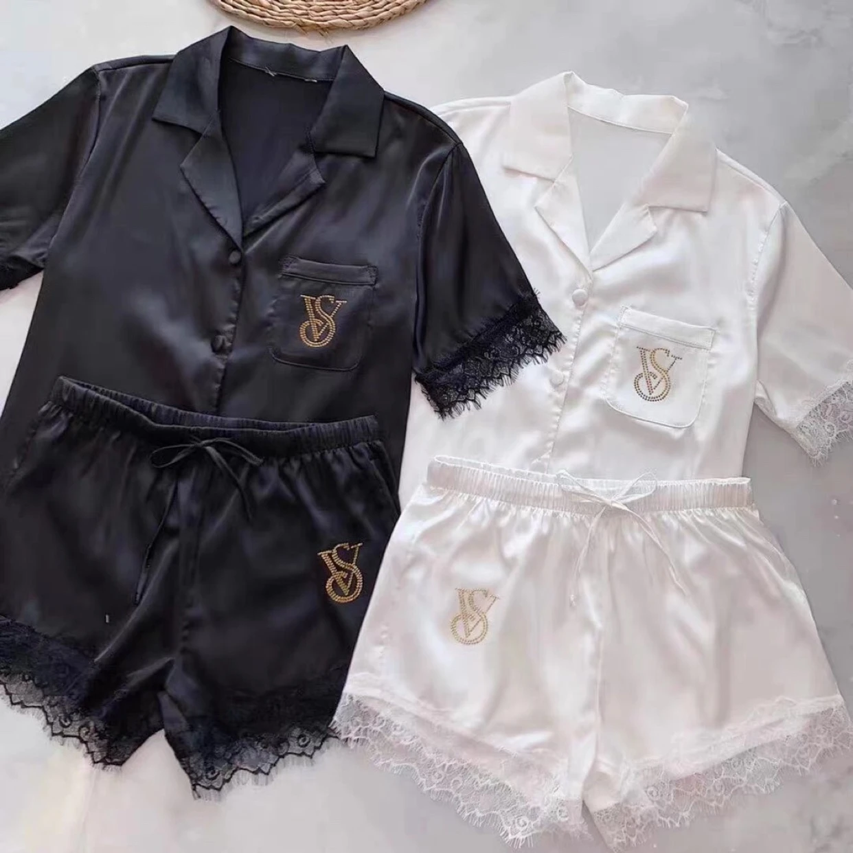 

Women Sleepwear Summer Pajama Set Turn Down Collar Faux Silk Satin White Short Sleeve Casual Female Pijama Home Wear Shorts