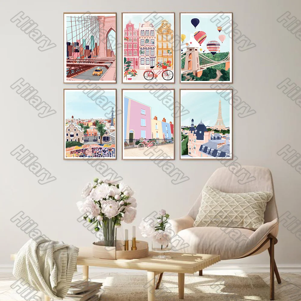 

Poster Color Buildings Hot Air Balloon Landscape Canvas Painting Wall Art Home Decoration for Living Room and Bedroom Frameless