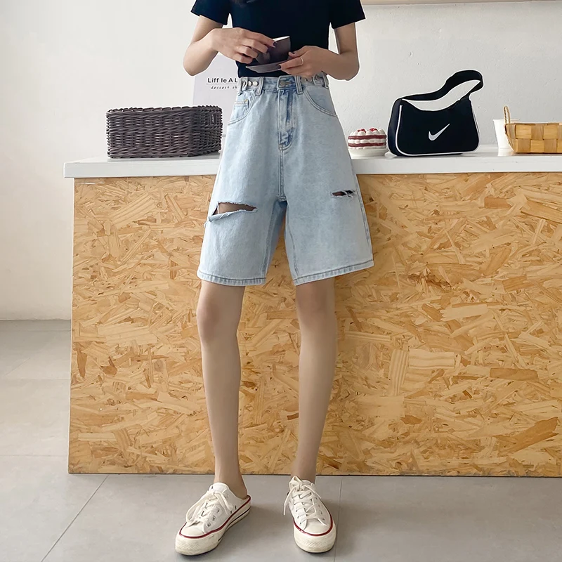 Винтажные синие джинсовые шорты женские свободные рваные джинсы с высокой