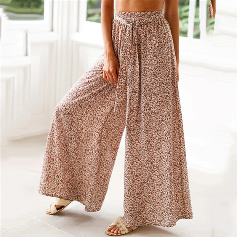 

Sashes Loose Printed Wide Leg Pants Belt Bohemian Women Casual Drawstring High Waist 2020 Summer Fashion Pant