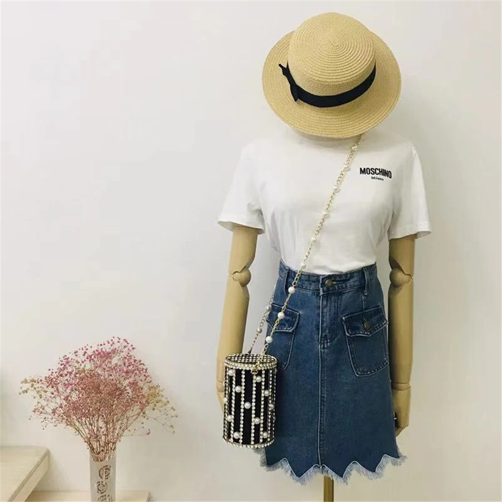 

New Chic Pearls Metallic Cage Women Hollow Out Bucket Evening Bag Diamond Chains Handbag Bridal Party Clutches Cute Shoulder Bag