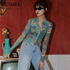 ZCSMLL Женская сетчатая рубашка с принтом, Топ с длинным рукавом и пуговицами, Прозрачные топы, модная дизайнерская одежда, осень 2021, летние блузки