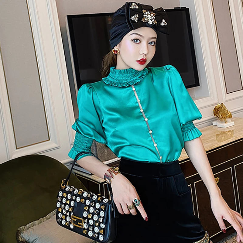 

SHENGPALAE Elegant Texture Satin Pleated Lace Stand Collar Blouse Women's Summer 2021 New Single Breasted Short Sleeve Shirt