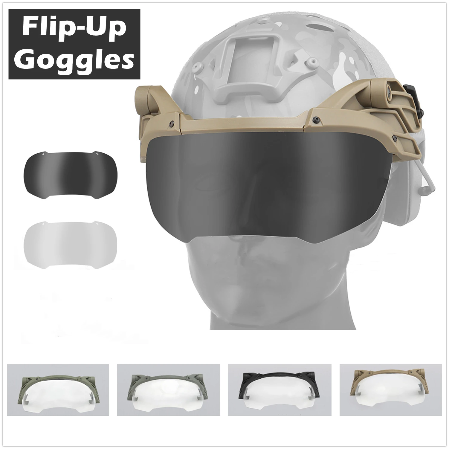

Tactical Airsoft Paintball Flip-Up Goggles Windproof Anti Fog CS Wargame Protection Goggles Fits for Tactical Helmet