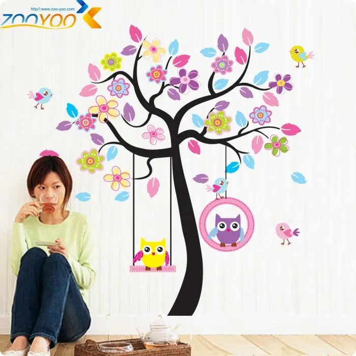 

cartoon owl bird tree swing wall sticker for kids rooms nursery home decor pvc wall decals diy mural art decoration