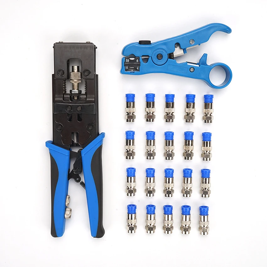 

Coaxial Compression Tool Cable Crimper Cutter Kit RG6 RG59 RG11 Coaxial Cable Stripper with 20 PCS F Compression Connectors