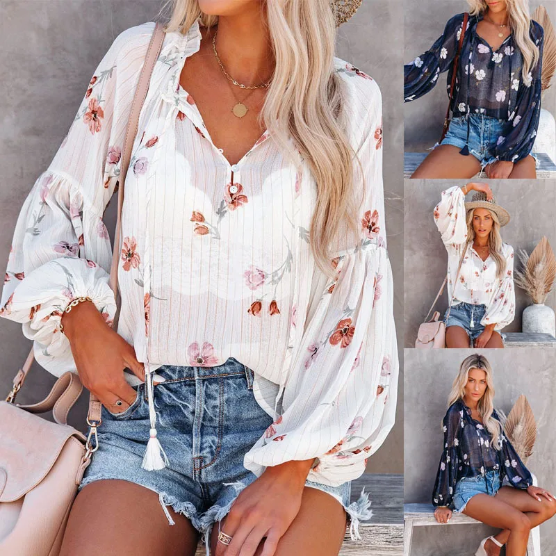 

Streetwear Tshirts Women See-through Shirt Adults Button-down Flower Print Lantern Sleeve V-neck Pullover Tops Tees