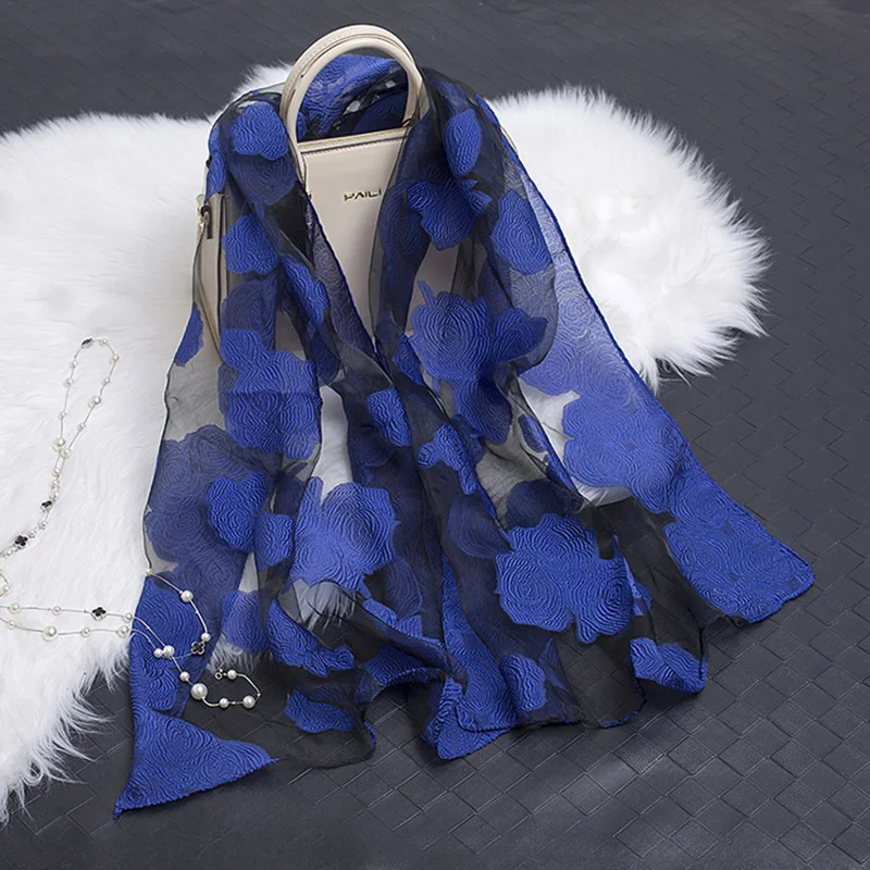 Женский шарф с листьями и цветами длинный из органзы высокого качества