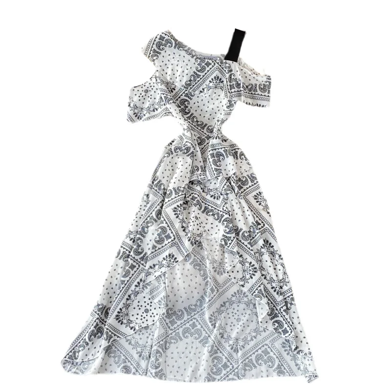 

Slant Collar Off Shoulder Hole Floral Chiffon Dress Girls 2021 New Summer Close Waist Irregular Ruffle Dresses Women