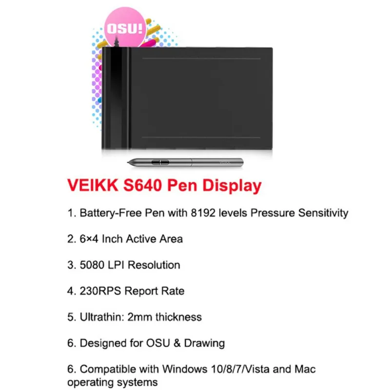 8192 Levels Pressure Battery-Free Pen Stylus Drawing Board VEIKK S640 Graphics Tablet