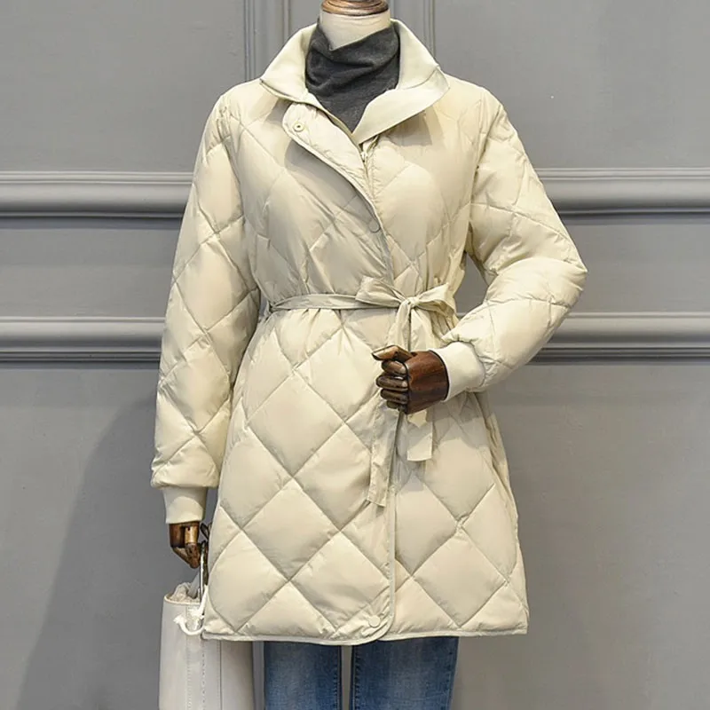 

Winter Solid Color Diamond Shaped Down Jacket Female 2019 New Slim Waistband Light And Thin White Duck Feather Coat Women HJ135
