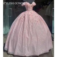 pink corset quinceanera dress off the shoulder ball gown puffy sweet 1516 dresses 3d flowers birthday party gowns robe de bal