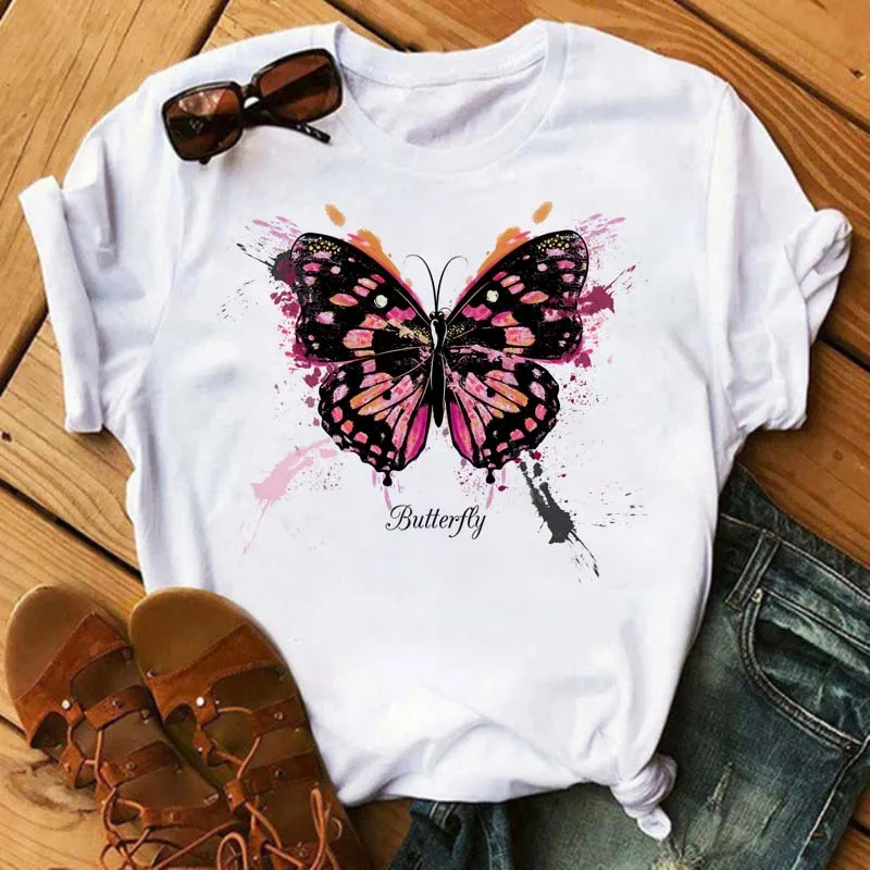 

New Vogue Butterfly Print Women Tshirts Fashion Round Neck Ladies Tops Tees Loose Harajuku White T Shirt Korean Style Clothing