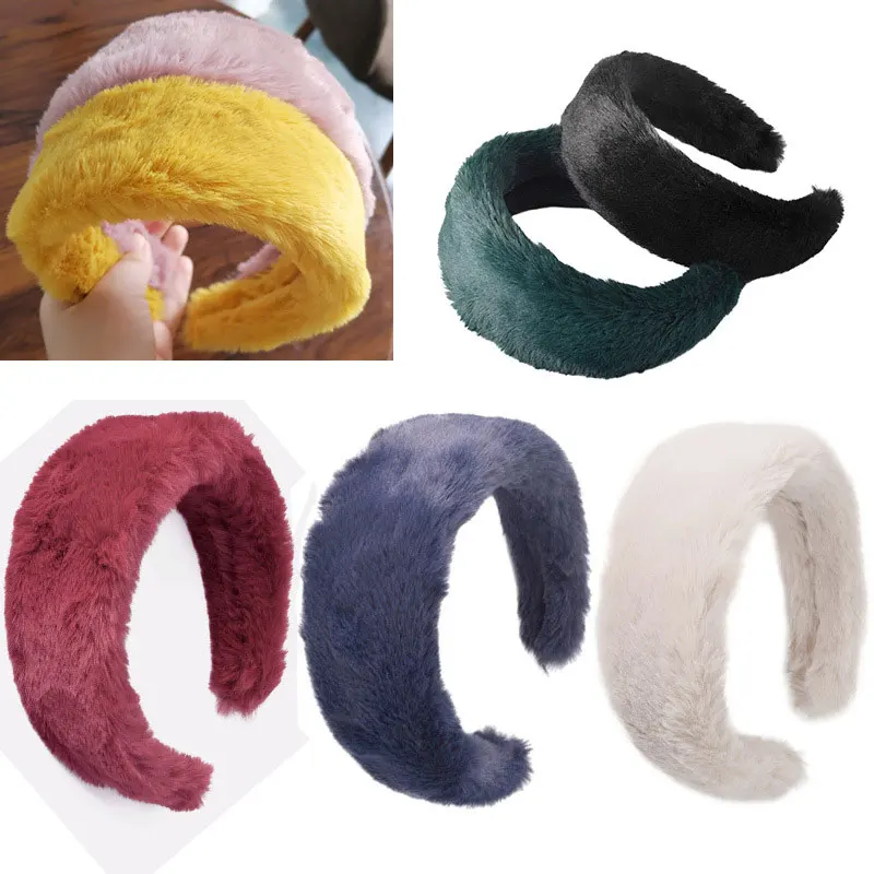 

Fioday Faux Fur Wide Women Hairbands Girls Winter Solid Color Headband Plush Hair Hoop Bezel Headwear for Girls Dropshipping