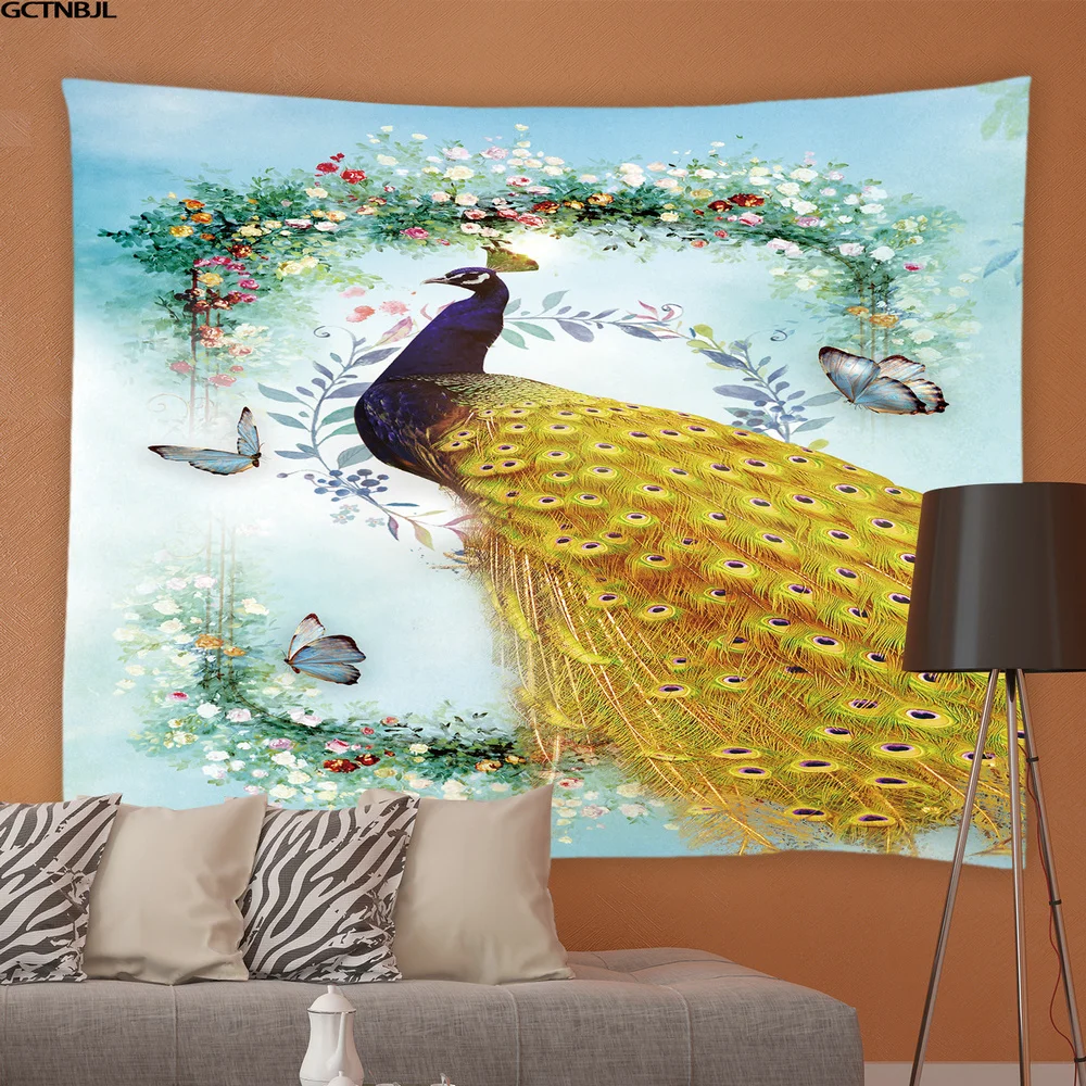 Tapiz colgante de pared de pavo real azul, hermoso p&aacute;jaro y flor, artista, hogar, sala de estar, dormitorio, fondo, pa&ntilde;o de cabecera-4