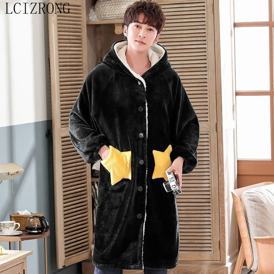 

Winter Men Loose Bathrobe Flannel Patchwork Color Female Fashion Warm Comfortable Midi Robe Long Sleeve Dressing Gown