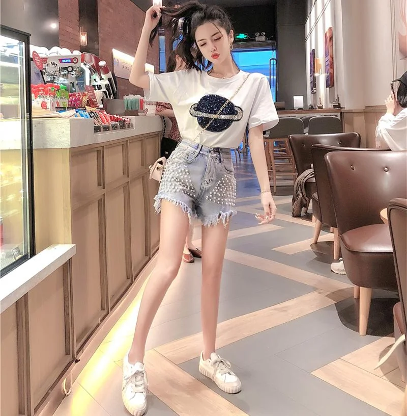 

High Waist Beads Denim Shorts Womens Summer Fashion Casual Pearl Diamond-embedded Fringe Shorts Jeans short femme ete