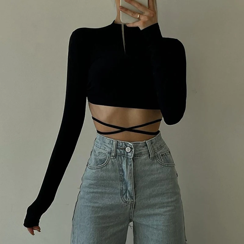 

Bandage Fashion Elegant Zebra Print Women Slim Top Sexy Backless Top Long Sleeve Cropped Top graphic tee Autumn y2k aesthetic