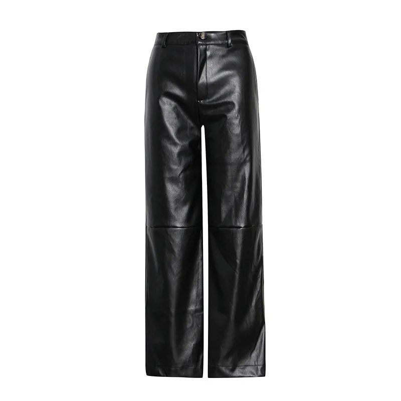 

Two Piece Set Women Winter Leather Coat Longline+High Waist Wide Leg Pants