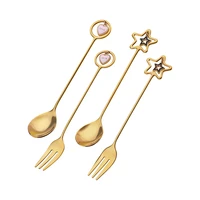 creative fork stars heart design pendant coffee spoon snacks fruit dessert flatware 1 pcs covered golden stainless steel spoons