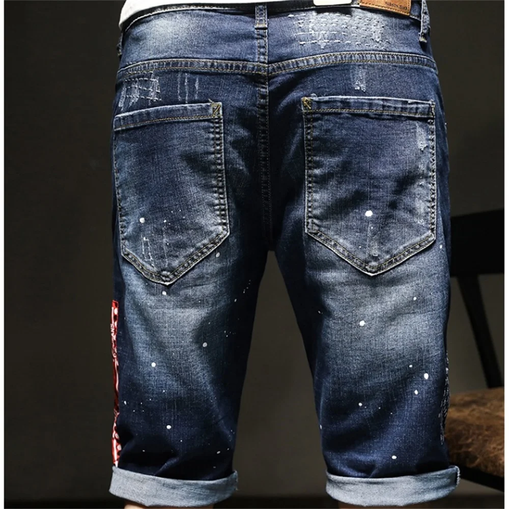 EH·MD® Denim Shorts Men's Painted Pendant Decorate Broken Micro Chapter Embroidery Five-Point Pants Pure Cotton Slim Breathable