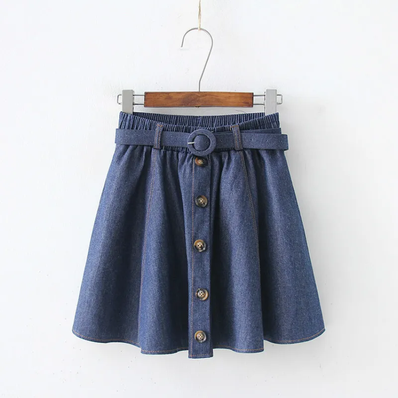 Модные джинсовые юбки для девочек с талией чистый цвет маленькая свежая юбка