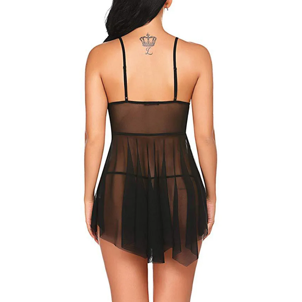 

Sexy Clothes Erotic Underwear G-String Thong Women Baby Doll Halter String Lingerie Hot Transparent Lace V-neck Sleepwear Dress