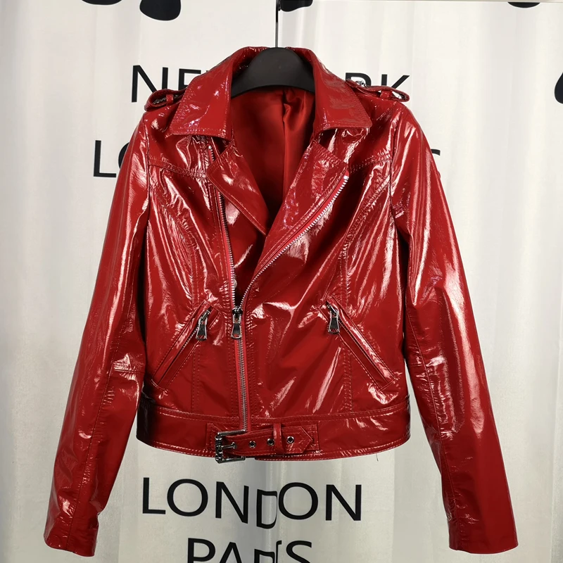 

2020 Spring Autumn Sheepskin Genuine Leather Jacket Women OL Slim Patent Leather Zipper Coat Short Jackets M-3XL Red A207