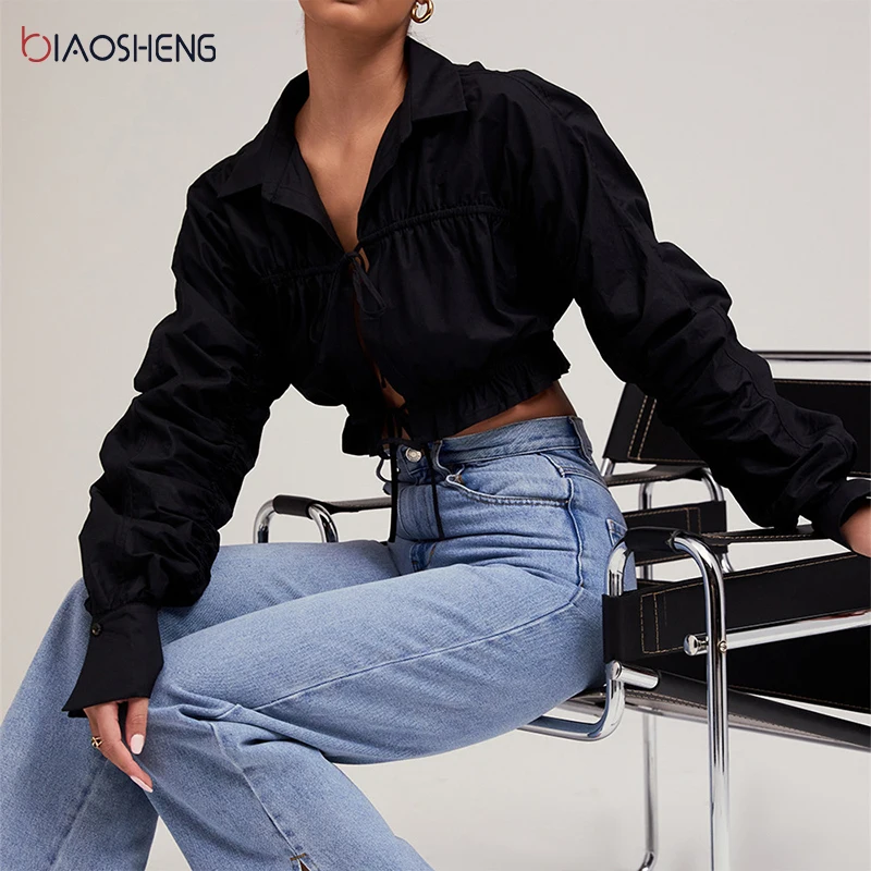 

French Romance Black Crop Tops Women Summer Sexy Hollow Out Long Sleeve V Neck Top Ladies Casual Solid Blouses New