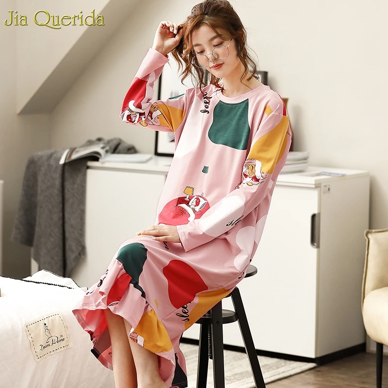 Ночная рубашка женская хлопковая с длинным рукавом и принтом свободный размер |