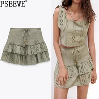 pseewe za 2021 cutwork mini skirts woman embroidery high waist skirt women elastic ruffle a line summer skirt ruched short skort