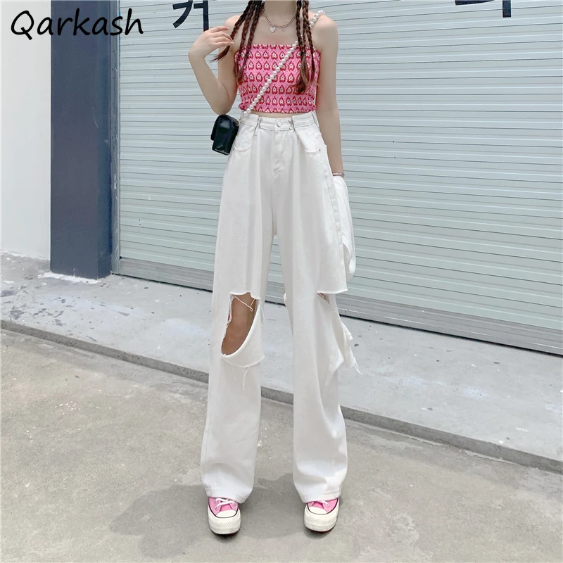 

Women Jeans White Hole Denim Trousers Loose Wide Leg Straight High Adjustable Waist Streetwear Female Casual All-match Summer BF