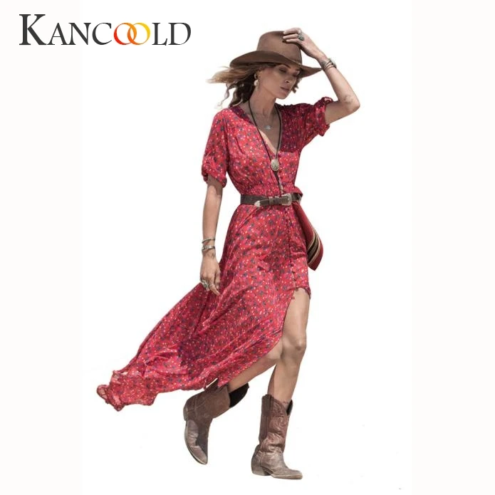 KANCOOLD 2019 Women's V-neck long skirt slim fashion comfortable bohemian dress floral seaside beach | Женская одежда