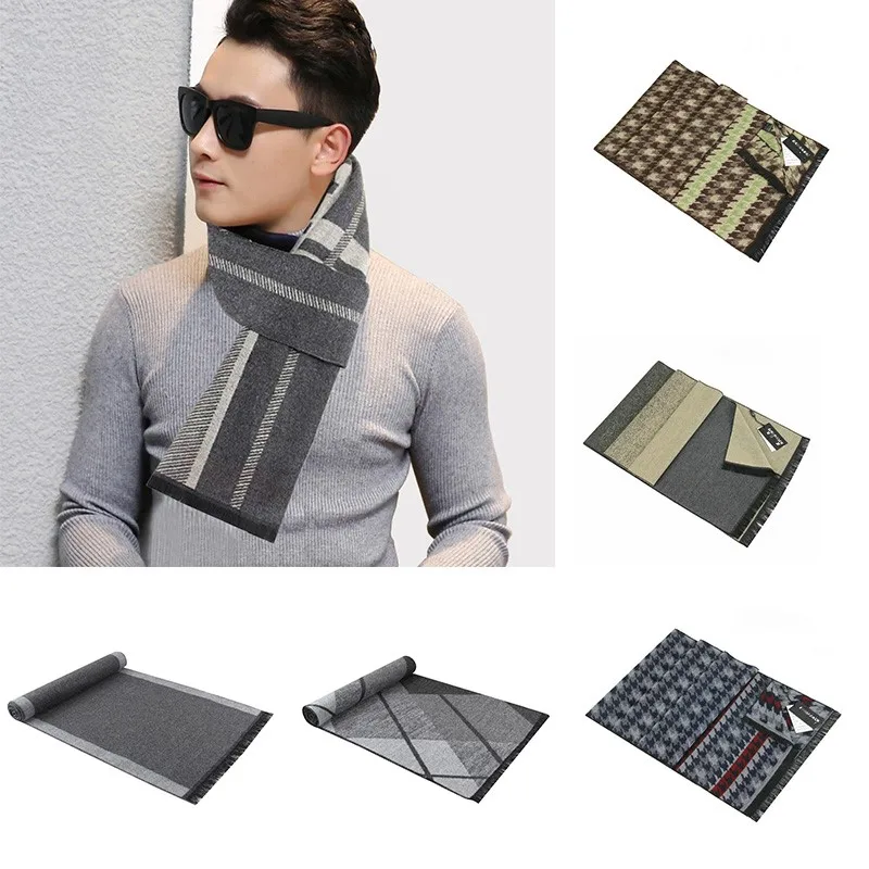 Роскошный шарф из пашмины мужской теплый в клетку с рисунком гусиные лапки
