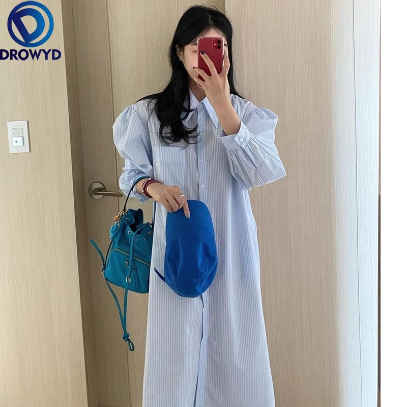 

Fashion Striped Women Maxi Dress Long Sleeve Single Breasted Fashion 2021 Spring New Arrivals Bodycon Robe Lady Korean Dresses