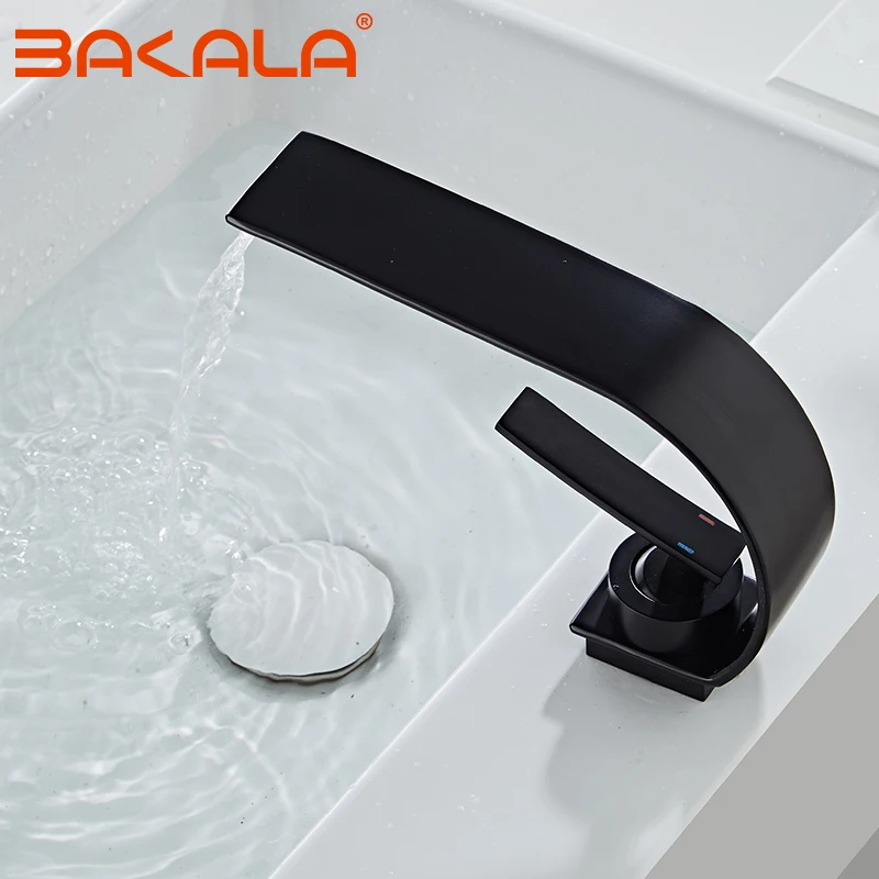 Кран для раковины BAKALA черный латунный столешница крепление на палубе водопад