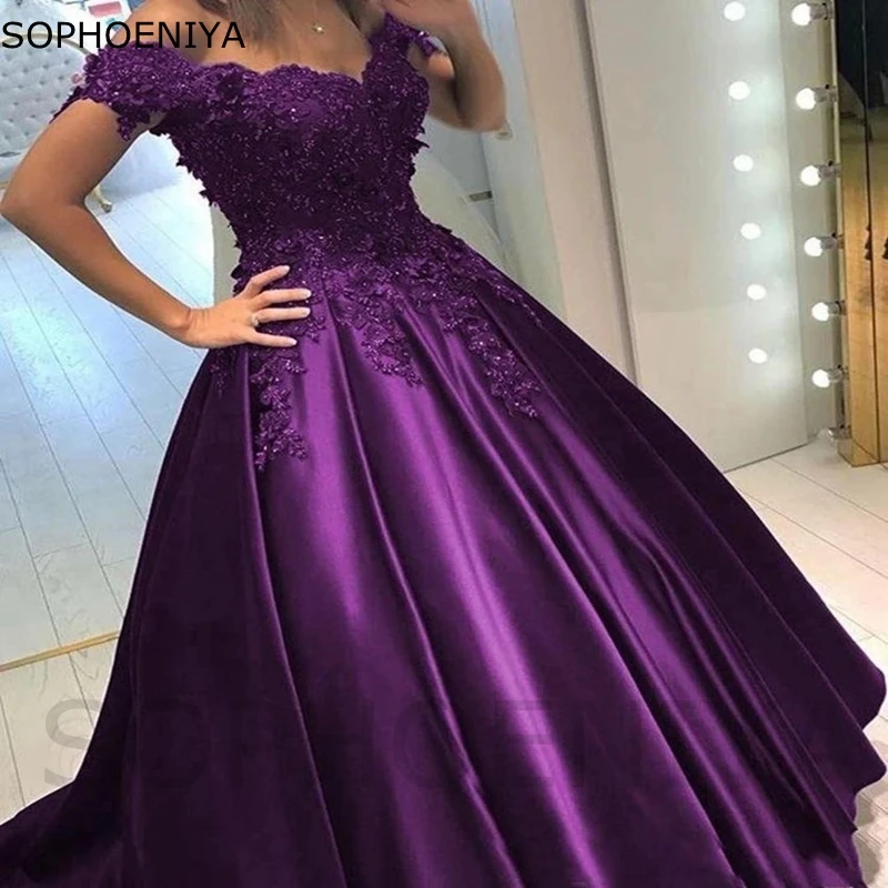 

New Arrival Satin Purple Ball gown evening dress Lace Appliques Sexy Quinceanera Dresses Vestidos elegantes para mujer