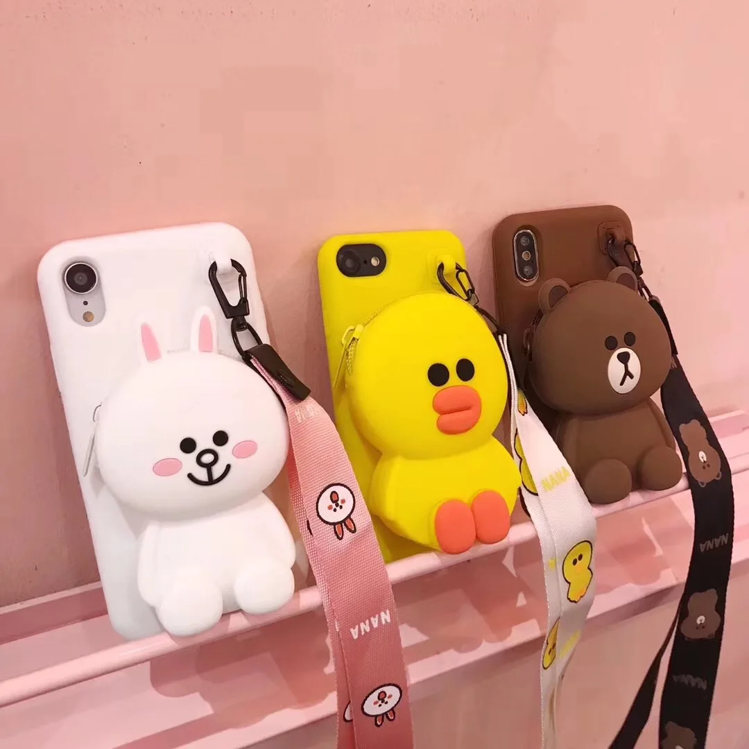 3D Bear Wallet Soft Silicone Case For iPhone X XR XS Max 8 7 6 6S Plus Samsung Galaxy S8 S9 S10 Note 9 Cover With lanyard |