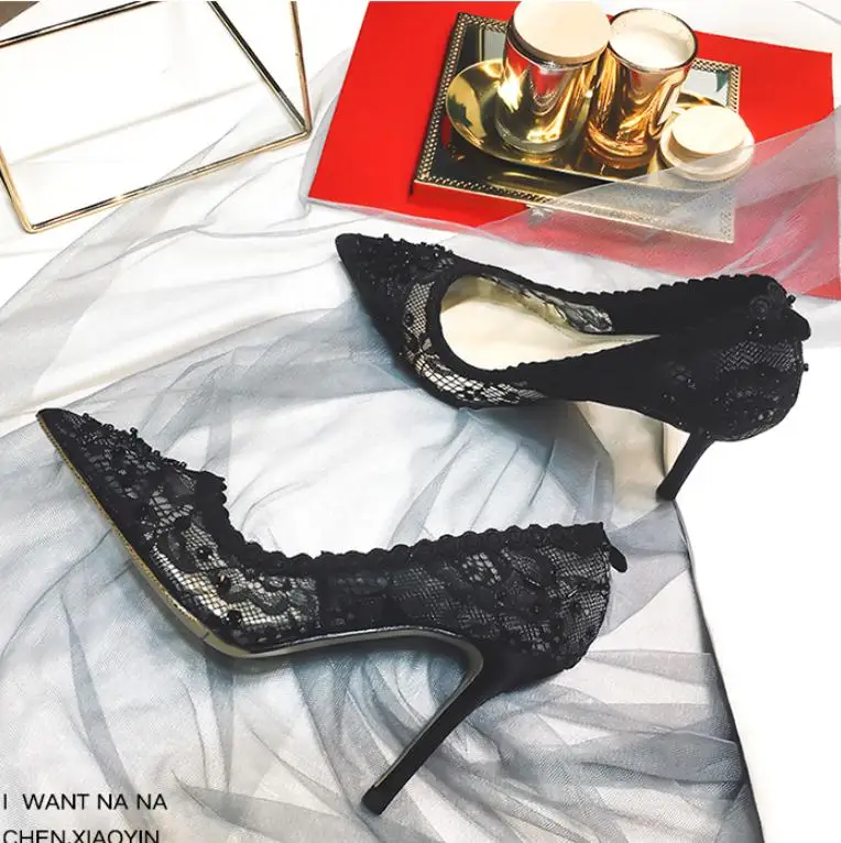 Женские кружевные туфли-лодочки вечерние туфли на высоком каблуке с острым