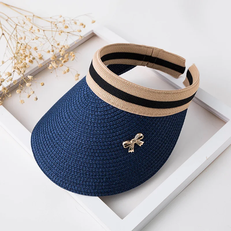 navy bow tie Модная женская соломенная шляпа женская летняя Солнцезащитная шляпа Панама Boater Floppy Кепка с покрывалом женская летняя пляжная соломенная шляпа подарок - Цвет: navy bow tie