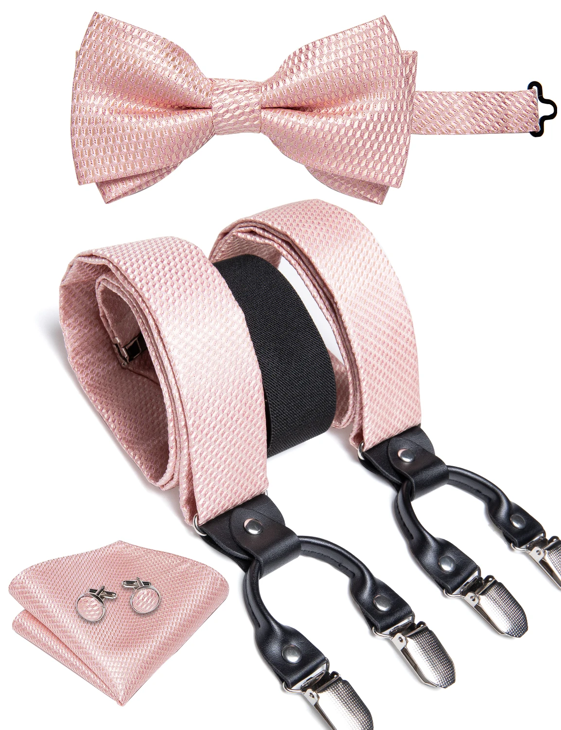 

Elegant Silk Suspenders Men Real Leather Metal 6 Clips Braces Elastic Suspenders Trouser Straps Father/Husband's Gift DiBanGu