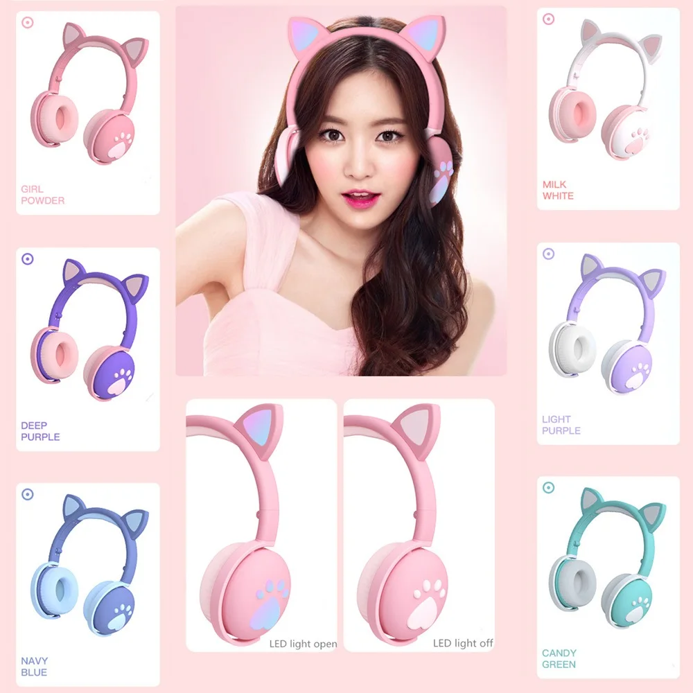 

Bluetooth Headphones glowing cute LED Cat Ear Paw Girls Gift Kids Headset Wireless HIFI Stereo Bass 3.5mm Plug With Mic