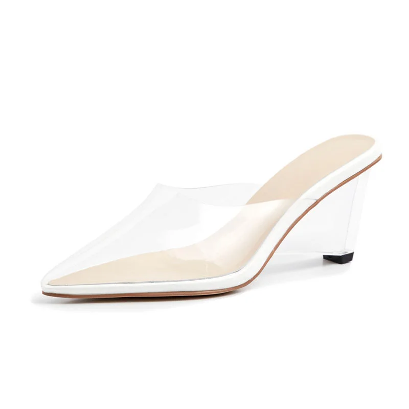 

Summer new transparent crystal slope heel sandals pointed sexy sheepskin large show women's shoes