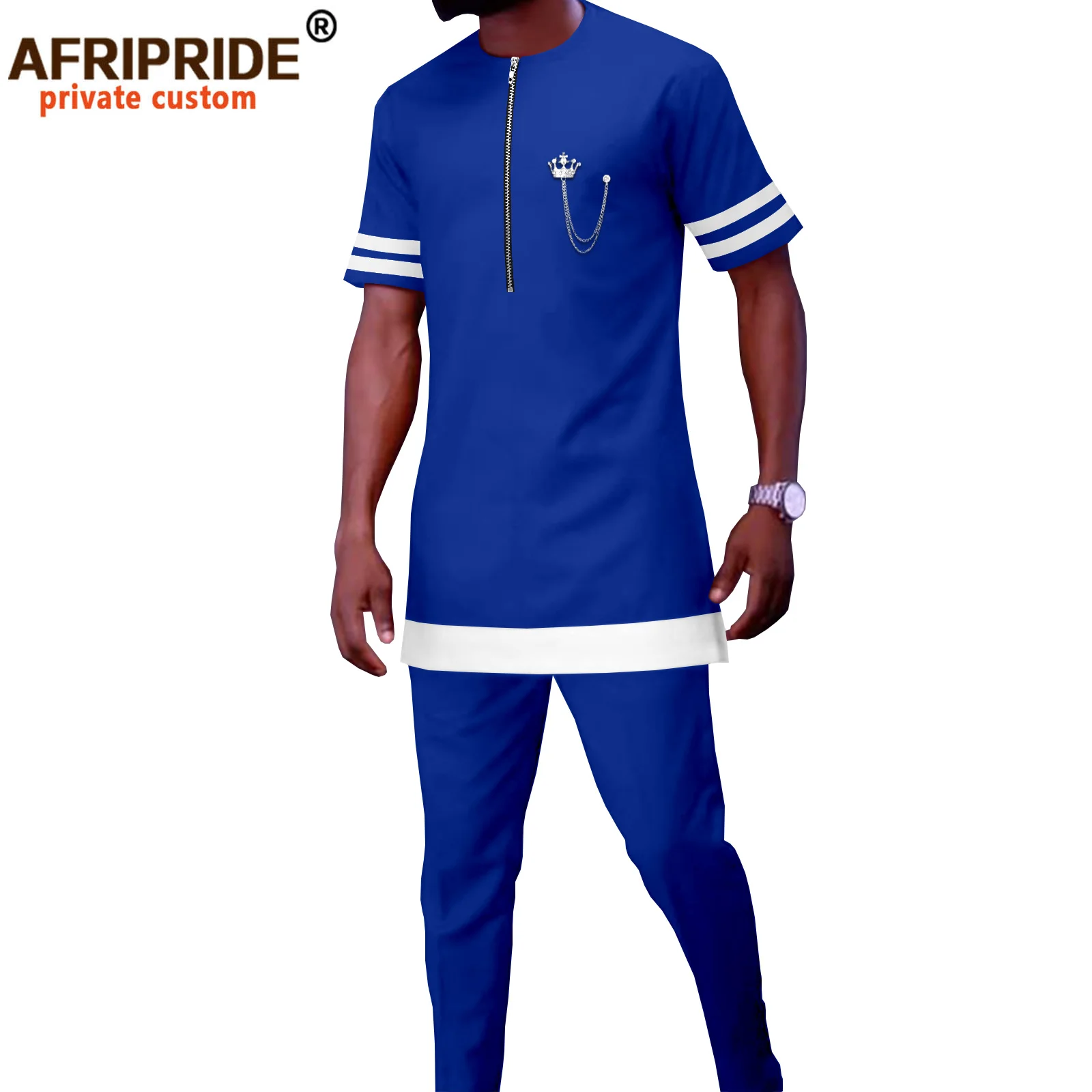 

African Clothes for Men Tracksuit Dashiki Tops with Chains and Pants 2 Piece Set Ankara Blouse with Chains Formal Wear A2116027