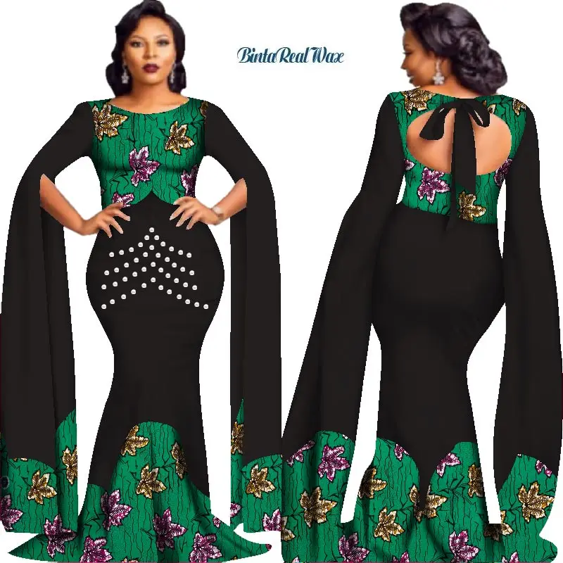 2020 African Print Pearls Dresses for Women Queen-style Vestidos Custom Bazin Long Dress African Clothes Party Dress WY2778