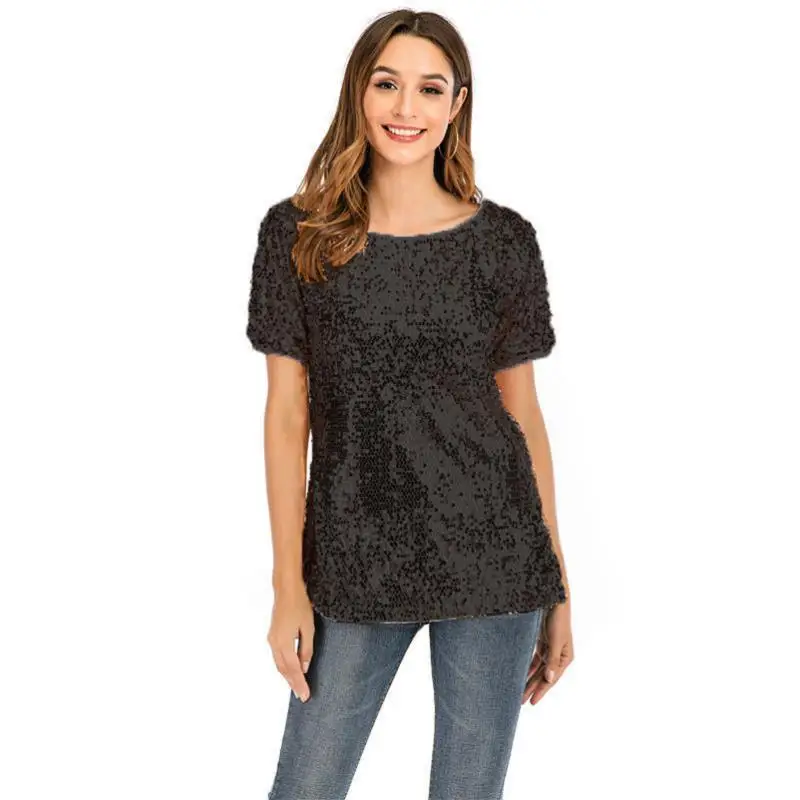 Women Fashion Ladies Stylish Solid Color Glitter Sequined Oblique Neck Short Sleeve Shirt Summer Casual Pullover Tops Blouse | Женская