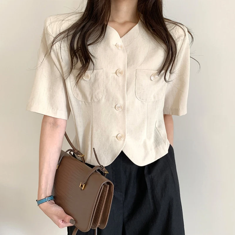 

Women Jacket 2021 Summer Korean Fashion Simple V-neck Loose Solid Color Casual Pocket Shoulder Pad Puff Sleeve Jackets