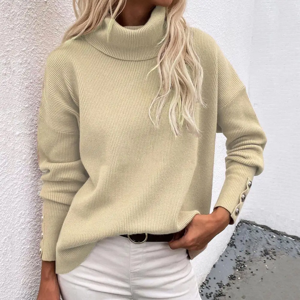 

Autumn Winter Women Sweaters Elegant Solid Color High Collar Knitted Sweater Fashion Button Long Sleeve Pullover Tops Plus Size