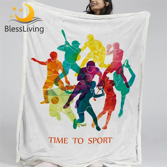 BlessLiving Time to Sport Blankets For Bed Colorful manta Football Basketball Soft Blanket for Teen Hockey Box Golf Tennis Plaid 1