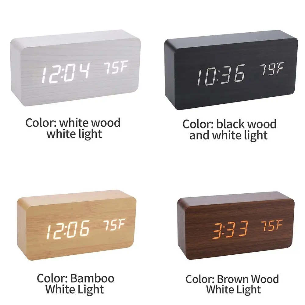 

Modern Alarm Clock Wooden Sounds Control Multi-Function Thermometer Digital Alarm Clock Digital Thermometer Clock USB Charging